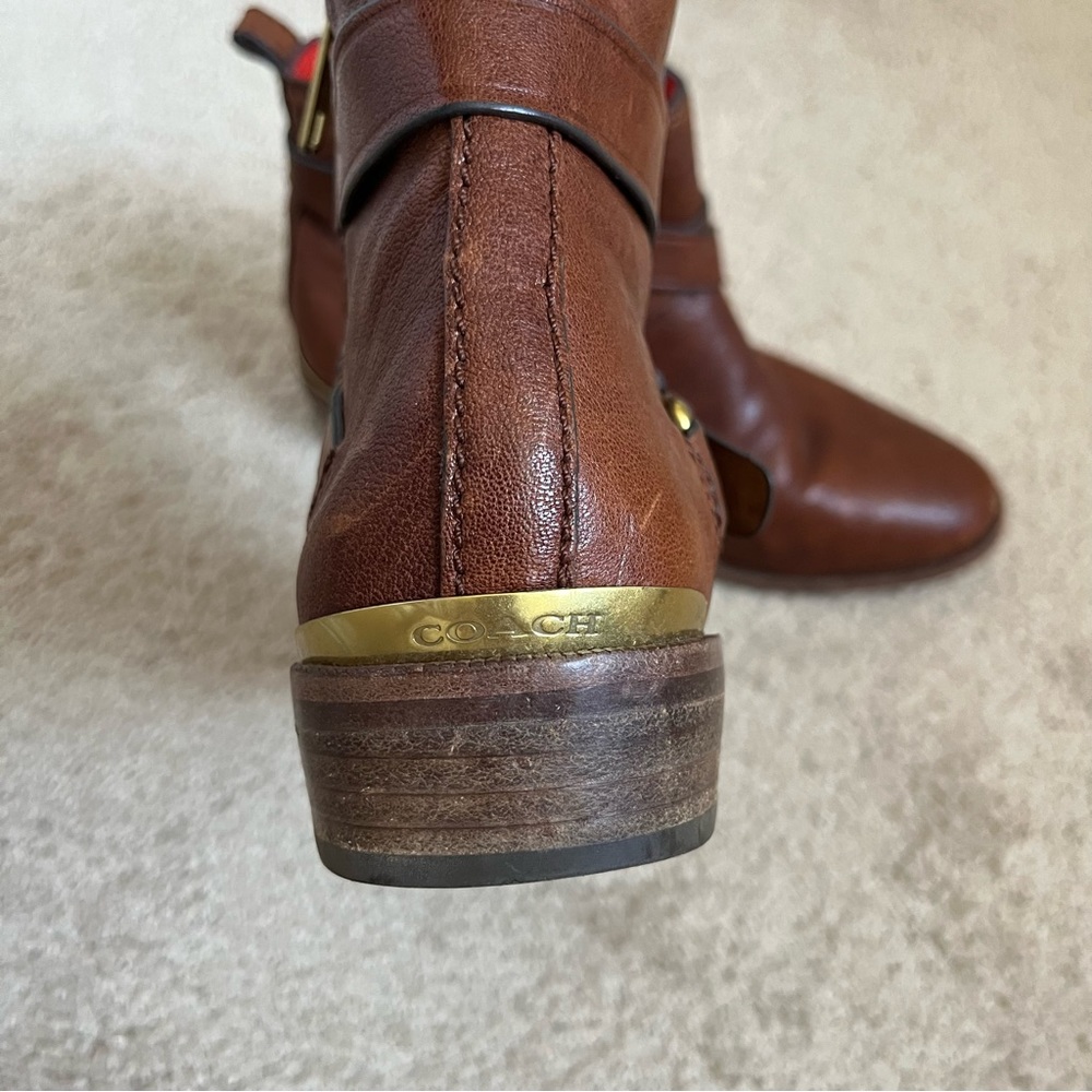 Coach Leoda Dark Ginger Distressed Brown Leather Bootie Ankle Boots Buckle 5.5 - Picture 9 of 14